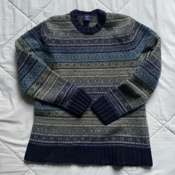 Gap women's patterned blue and green 100% wool sweater, size medium - Picture 1 of 3